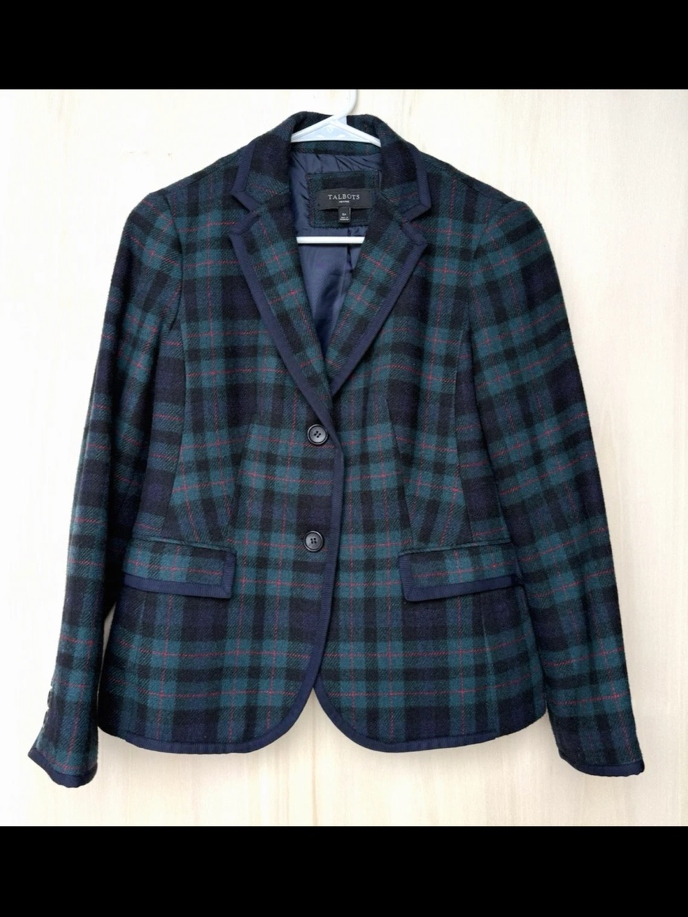 Talbots Navy & Green Plaid Tartan Wool Blazer